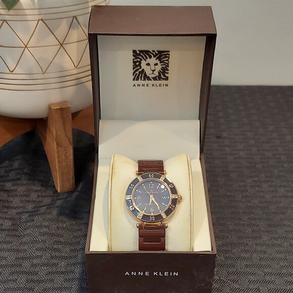 NIB ANNE KLEIN ROSE GOLD TONE BROWN CERAMIC WATCH WITH SWAROVSKI CRYSTALS - Picture 3 of 15